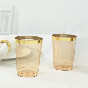 25-Pack Plastic Tumbler Cups 10oz Amber Gold with Gold Rim - Disposable Crystal Drinking Glasses for Parties